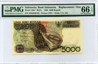 Indonesia 5000 5,  000 Rupiah 1992 / 1992 P 130 Replacement Gem Unc Pmg 66 Epq