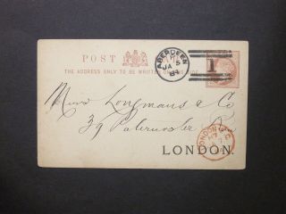 Scotland Stationery 1884 Qv 1/2d Brown Postcard 1 Aberdeen Duplex To London