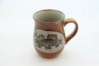 Adorable Vintage Hand Thrown Pottery Coffee Mug Cup W/ Owl Family Brown Cute