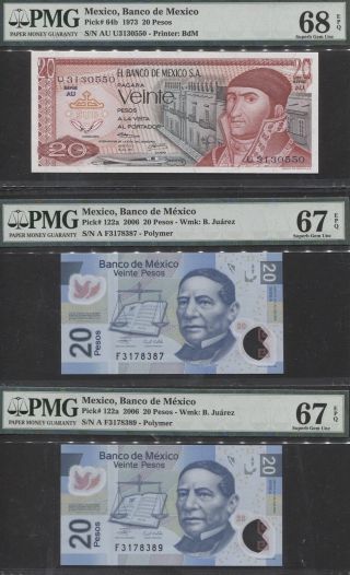 Tt Pk 64b & 122a 1973 & 2006 Mexico 20 Pesos Pmg 68 Epq Monster Gem Set Of 3