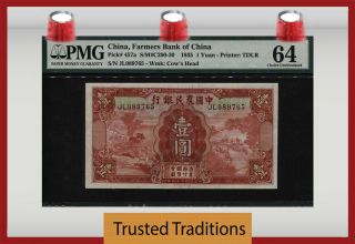 Tt Pk 457a 1935 China - Farmers Bank Of China 1 Yuan Pmg 64 Choice Uncirculated