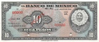 México 10 Pesos 14.  8.  1946 P 47as Series Aa Specimen Uncirculated Banknote Mex5