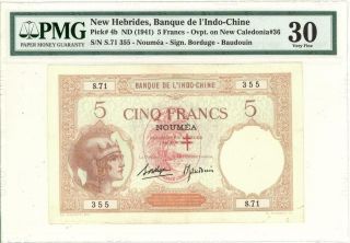 Hebrides 5 Francs O/p Noumea Banknote 1941 Pmg 30 Vf
