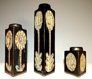 Set Of 3 Vintage Black Flower Triangle Small Ceramic Bud Vases Ucci Japan Floral