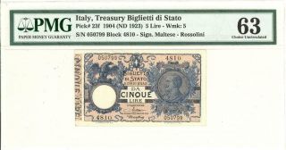 Italy 5 Lire Currency Banknote 1904 - Pmg 63 Cu