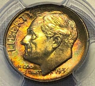 1954 - D Silver Roosevelt Dime 10c Pcgs Ms66 Amber Jade & Rose Toned Gold Shield