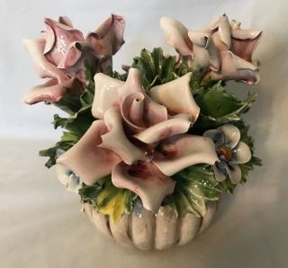 Vintage Capodimonte Bouquet Of Pink Roses Flowers Italy Very Good