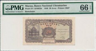 Banco Nacional Ultramarino Macau 20 Avos 1946 Pmg 66epq
