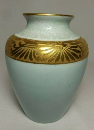 Elegant " Fraunfelter " Porcelain Vase Light Blue With Gold Band & Edging -