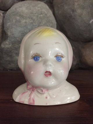 Vintage Ceramics Baby Head Vase/planter With Pink Bonnet