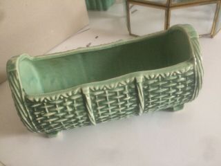 Vtg Mccoy Pottery Ceramic Oblong Basket Weave Green Planter 7.  5 "