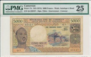 Banque Centrale Cameroun 5000 Francs Nd (1974) Low S/no 0044x Pmg 25