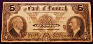 Bank Of Montreal 1931 $5.  00 - Large Format