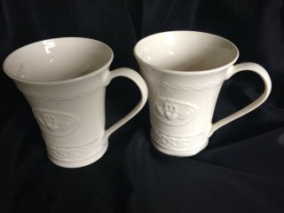 Set Of 2 Belleek Claddagh Ivory Porcelain Mugs 10 Oz Ireland Euc