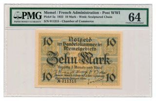 Memel Banknote 10 Mark 1922.  Pmg Ms - 64