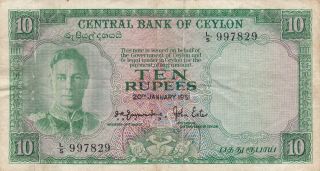 10 Rupees Vf - Fine Banknote From British Colony Of Ceylon 1951 Pick - 46