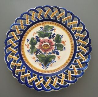 Vintage Handpainted Blue & Yellow Floral Plate Basket Weave Trim Portugal Signed