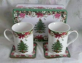 Spode Portmeirion Christmas Tree 5 Piece Set Coffee Mugs And Coasters Tin Box
