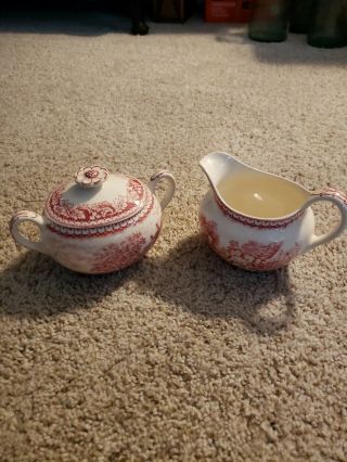 Vintage Homer Laughlin - Currier & Ives Red Creamer And Sugar Bowl With Lid