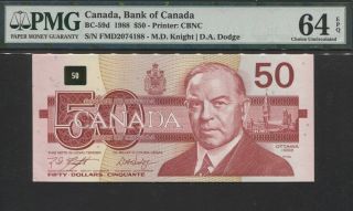 Tt Pk Bc - 59d 1988 Canada Bank Of Canada $50 " M.  D.  Knight " Pmg 64 Epq Choice Unc