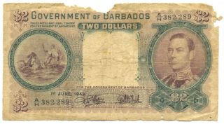 Barbados 1943,  2 Dollars,  King George Vi,  P - 2b,  G