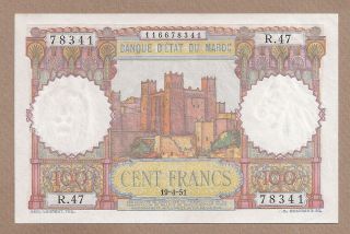 Morocco: 100 Francs Banknote,  (au),  P - 45,  19.  04.  1951,