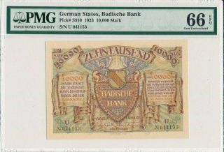 Badische Bank German States 10,  000 Mark 1923 Pmg 66epq