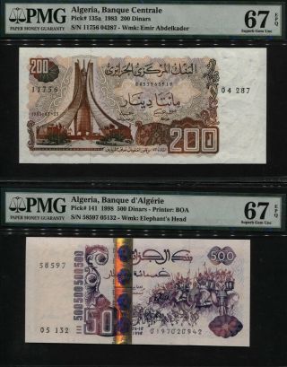 Tt Pk 135a & 141 1983 & 1998 Algeria 200 & 500 Dinars Pmg 67q Set Of Two