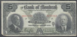 1923 Bank Of Montreal 5 Dollars Bank Note