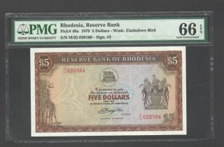 1979 Rhodesia $5 Five Dollars M25 Prefix Pmg Graded 66 Gem Unc P40a Note