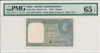 Government Of India India 1 Rupee 1940 Black S/no.  Pmg 65epq