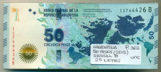 Argentina Bundle 25 Notes 50 Pesos (2015) Suffix B P 362 Unc
