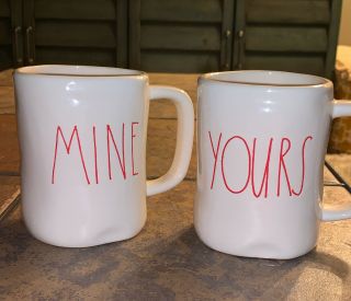 Rae Dunn " Yours And Mine Mug Set,  With Large Red Letters.