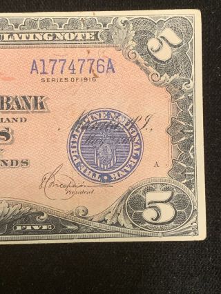 Phillipines 1916 5 Pesos National Bank Circulating Note 3