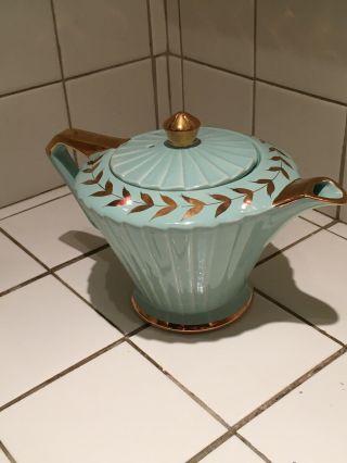 Vintage Sadler Art Deco Teapot,  Light Blue Gold Laurel Leaves