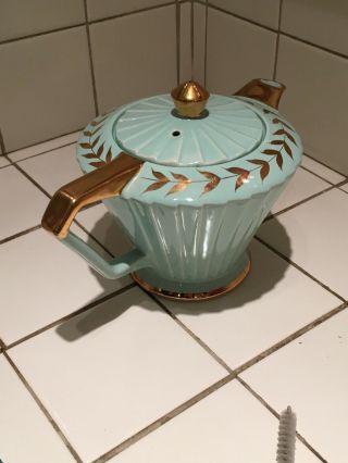 vintage Sadler Art Deco Teapot,  Light Blue Gold Laurel Leaves 2