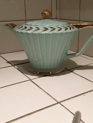 vintage Sadler Art Deco Teapot,  Light Blue Gold Laurel Leaves 3