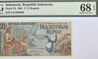 Indonesia - 2 1/2 Rupiah - 1961 - Pick 79 Pmg 68 Epq Gem Unc Scarce Grade