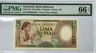 Indonesia 5 Rupiah Nd 1958 P 55 Gem Unc Pmg 66 Epq