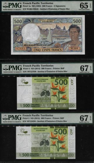Tt Pk 1a & 5 French Pacific Territories 500 Francs Pmg 65q & 67q Set Of Two