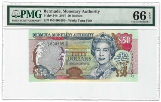 2007 Bermuda $50 Dollars,  P - 54b D/3 000185 Low S/n,  Pmg 66 Epq Gem Unc,  Qeii