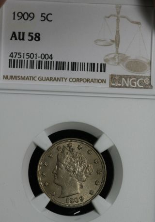 Almost Uncirculated 1909 Liberty Nickel - Ngc Au58