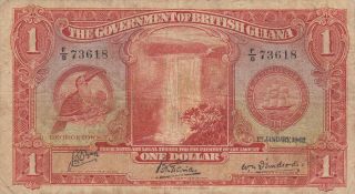 1 Dollar Vg Banknote From British Guiana 1942 Pick - 12 Rare