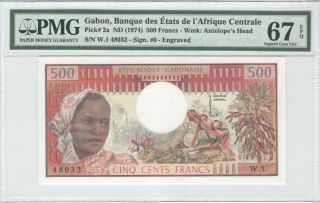 Gabon 500 Francs 1974 P - 2a Pmg 67epq