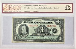 1935 Bank Of Canada $1 Bc - 1 - Serial A4002359 Bcs Graded F12 35420