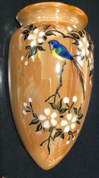 Vtg Lustreware Porcelain Wall Pocket Vase Hand Painted Bird Floral Design Japan
