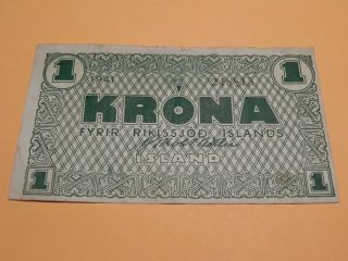 Iceland,  1 Krona,  P 22g,  1941 Green