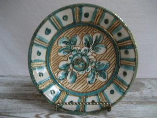 Vintage Trinket Dish Plate Etched Design Green Gold Trim Signed Italy