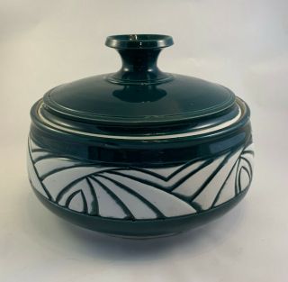 Artisan Handmade Porcelain Casserole Dish With Lid Signed Dark Green And White