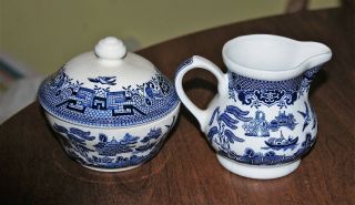 Churchill Blue Willow Creamer And Covered Sugar Bowl